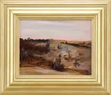 Randall Davey, New Mexico Landscape, Oil on wood panel shows an impressionistic western landscape under pink to gray sky