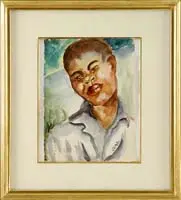 James A. Porter, Portrait of a Young Man, Watercolor on paper shows a shoulder length portrait of a young African-American male with white shirt