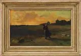 George Fuller, Wayfaring Peasant, Oil on canvas landscape scene shows a vagabond walking right to left with fields and sunset sky beyond