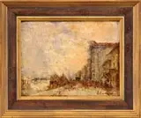 Elaine de Kooning, Along the City Canal, Oil on wood panel impressionistic scene shows a canal with boats with boulevard and tall buildings under a light sky