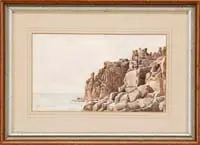 Rocky Coastline by Alfred Thompson Bricher, Watercolor on paper scene shows rocky coastline with blue ocean, sold Aug 2009