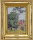 Emma Lampert Cooper, The Stone House, Oil on board landscape scene shows a tall maple tree with another in front of a red roof double chimney stone house