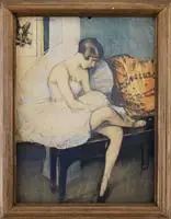 Harry Everett Townsend, The Ballerina, Mixed media interior scene shows a young female ballerina seated on a bench