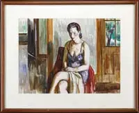 Louis Ritman, The Model Study, Watercolor study shows a young woman in a blue slip seated on a chair draped with red cloth having doorway background