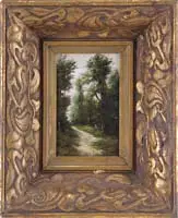 A. Bonnaud, The Road Through the Woods, Oil on wood panel scene shows a man walking on a road through green woods under light colored sky