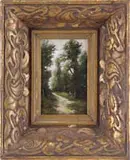 A. Bonnaud, The Road Through the Woods, Oil on wood panel scene shows a man walking on a road through green woods under light colored sky
