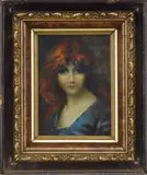 Jean-Jacques Henner, Red and Blue, Oil on artist board portrait of a red haired girl wearing a blue dress. She stares at the viewer with a mysterious look