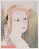 Portrait of a Young Woman by Marie Laurencin, Watercolor on paper bust portrait of a young woman having a necklace and colorful head scarf, sold Aug 2009