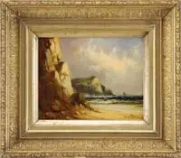 Charles Thomas, Off the Coast, Oil on canvas coastline scene shows sailboat with two other sails near white cliffs with cliff and beach foreground