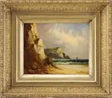 Charles Thomas, Off the Coast, Oil on canvas coastline scene shows sailboat with two other sails near white cliffs with cliff and beach foreground
