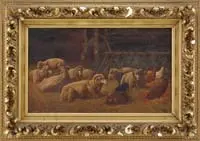 August Voigt, A Barn Full, Large oil on canvas barn livestock scene shows eight sheep laying in a hay covered floor with four chickens