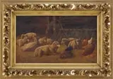 August Voigt, A Barn Full, Large oil on canvas barn livestock scene shows eight sheep laying in a hay covered floor with four chickens