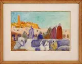Maurice Boiuviolle, Mid-Eastern Town with Figures, Watercolor scene shows men and woman on a two-tier platform overlooking buildings and hill with tall spiral
