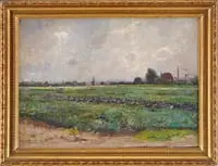 Frederick Venzin, Juni Au Niederrhein, Oil on canvasboard summer scene shows a man with ox plowing a field with city in background