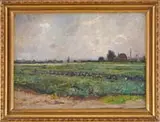 Frederick Venzin, Juni Au Niederrhein, Oil on canvasboard summer scene shows a man with ox plowing a field with city in background
