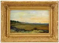 David Schulman, Landscape with Church, Oil on light cardboard mounted on wood panel panoramic view looking across water at a town with tall church steeple