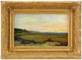 David Schulman, Landscape with Church, Oil on light cardboard mounted on wood panel panoramic view looking across water at a town with tall church steeple