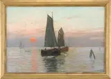 Einar From, Sunset Fishing, Oil on canvas seascape shows a setting red sun reflecting on a tranquil ocean with several fishing boats having sails up