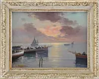 E. Bianchini, Morning Preparations, Oil on canvas scene shows several sail fishing boats readying for departure on calm sea under colorful morning sky