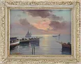 E. Bianchini, Morning Preparations, Oil on canvas scene shows several sail fishing boats readying for departure on calm sea under colorful morning sky