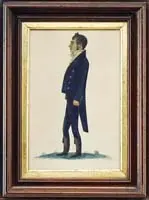 Jacob Maentel, Portrait of a Man in Blue Coat, Watercolor full-length portrait of a man wearing a blue coat with tails, blue pants, and tall black boots