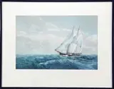 Radcliffe, The Two-Mast Schooner, Good watercolor nautical scene shows a two-mast black hulled schooner sailing right to left with full sails