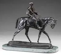 Pierre-Jules Mêne, Vainqueur Du Derby, Fine bronze depicting a racehorse with jockey atop. The front leg is lifted slightly in walking pose
