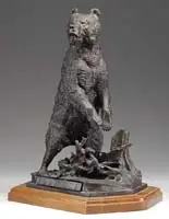 Nikolai Ivanovich Liberich, Siberian Grissly, Outstanding bronze sculpture of a standing bear with paws extended and mouth open. He stands over a fallen tree
