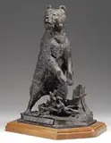 Nikolai Ivanovich Liberich, Siberian Grissly, Outstanding bronze sculpture of a standing bear with paws extended and mouth open. He stands over a fallen tree
