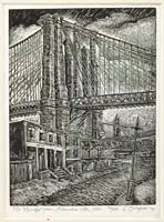 The Bridge from Columbia Hts, 1936 by Letterio Calapai, Wood engraving with color numbered 42 of an edition of 100, sold Aug 2009