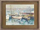 Signed, Along the Docks, Oil on artist board harbor scene shows several boats moored along a large dock with buildings