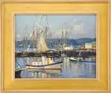 Ken Knowles, Tugboat, Gloucester, Oil on masonite scene shows the inner harbor with large dock, boats and a small tug in foreground