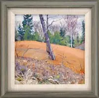 Christopher Huntington, Shinn Pond, Oil on board scene shows a sandy bank with trees and ground cover