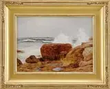 Albert Babb Insley, Surf at Port Clyde, Maine, Oil on canvas Maine coastal scene shows surf pounding on shoreline rocks with green ocean supporting two sailboats