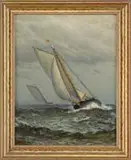 James Gayle Tyler, Racing, Oil on canvas scene shows two single mast sailboats with figures aboard with sails out and full of wind