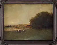Charles Edwin Lewis Green, Red Rock, Lynn, Massachusetts, Loose oil on canvas landscape scene shows two cows in a green pasture overlooking Red Rock with Nahant in the distance