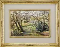 Charles E. Burchfield, Early Spring, Watercolor and gouache scene shows a stream running through woods with grassy banks, a hillside is seen with flowers