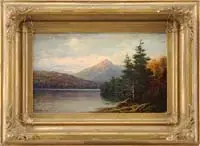 William Frederick Paskell, Mt, CHOCORUA. Oil on canvas New Hampshire scene shows a treeless peak mountain beyond a calm lake surrounded by trees