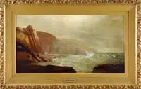 Harrison Bird Brown, The Coast of Maine, Large oil on canvas coastal scene shows green white tipped waves crashing onto seaside cliffs