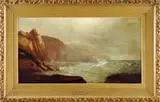 Harrison Bird Brown, The Coast of Maine, Large oil on canvas coastal scene shows green white tipped waves crashing onto seaside cliffs