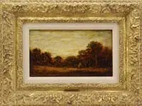 Ralph Albert Blakelock, Indian Camp, Oil on wood panel landscape scene shows a teepee with figure in red beside in a clearing in front of woods