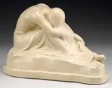Pierre Puvis de Chavannes, The Venztecore, Painted plaster sculpture shows a seated semi-nude woman bent at the waist, arms at her knees and head down