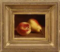 Arnoud Wydeveld, A Pair of Fruit, Oil on wood panel still life shows a realistic peach beside a pear against a brown background