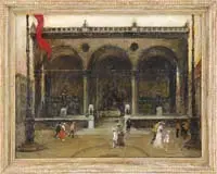 Martha Walter, The Museum Entrance, Oil on canvas street scene shows several groups of pedestrians in front of a large building with statues in archways