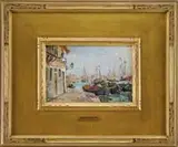 St by Hayley Lever, IVES HARBOR. Oil on canvasboard harbor scene shows several small and large boats in a blue harbor lined with buildings, sold Feb 2009