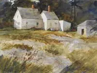 Joyce Williams, Three Works: “The Window”, “White Houses of Maine” “Safe Harbor, 1) “The Window” watercolor scene shows the front step of a Colonial home having white railings and wildflowers beside