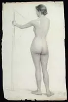 Thomas Eakins, Two Charcoal Nude Studies, 1)Charcoal on paper back view of a nude woman with arm extending and hand holding the edge of a door