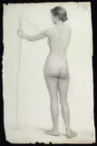 Thomas Eakins, Two Charcoal Nude Studies, 1)Charcoal on paper back view of a nude woman with arm extending and hand holding the edge of a door