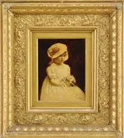 P. Fabre, Daisy, Oil on canvasboard portrait of a young girl in a white dress and bonnet holding a bouquet of daisies