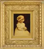P. Fabre, Daisy, Oil on canvasboard portrait of a young girl in a white dress and bonnet holding a bouquet of daisies